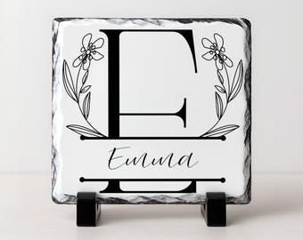 Personalized Monogram Slate Plaque | Custom Name Stone Desk Sign | Floral Split Letter Decor | Office Name Plate | Unique Gift for Her