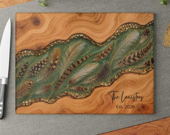 Resin Glass Charcuterie Board Personalized Housewarming Gift, New Home Hostess Gift, Green Gold Feather Serving Board