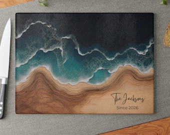 Ocean Cutting Board Personalized, Glass Cutting Board Anniversary Gift, Custom Cutting Board Couple Name, Resin Coastal Kitchen Decor