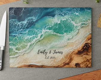 Beach Glass Cutting Board Personalized Housewarming Gift, Coastal New Home Gift, Custom Family Name Ocean Wave Wood Board