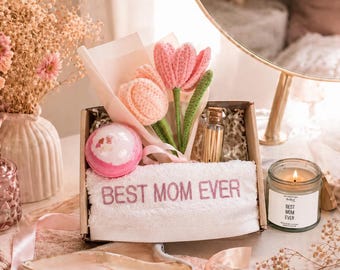 Best Mom Ever Gift Box | Mother's Day Spa Set with Candle and Bath Bomb | Crochet Flower Bouquet | Funny Mom Gift | Care Package for Mom