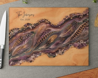 Personalized Glass Cutting Board 15th Anniversary Gift, Crystal Amethyst Anniversary Gift, Boho Feather Custom Names