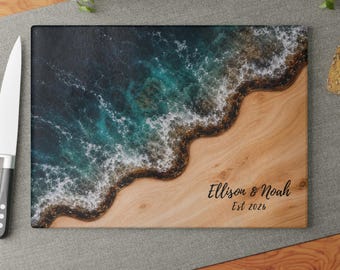 Resin Glass Cutting Board Personalized Wedding Gift, Ocean Wave Bridal Shower Gift, Unique Wedding Gifts Custom Couple Names