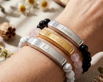 Engraved Natural Stone Bar Bracelet | Stretch Beaded Bracelet