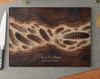 Personalized Glass Charcuterie Board 8th Anniversary Gift, Bronze Feather Cheese Board, Custom Names Date Serving Board