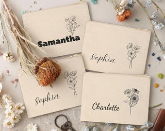 Personalized Bridesmaid Gift - Floral Line Art Canvas Cosmetic Bag | Custom Name Makeup Pouch | Boho Bridal Shower Gift for Her