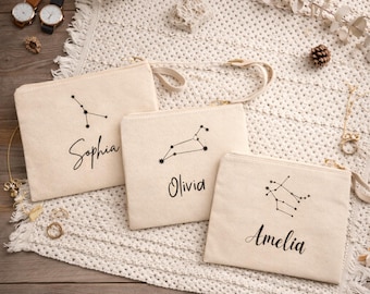 Personalized Zodiac Constellation Canvas Pouch, Custom Name Wristlet Cosmetic Bag