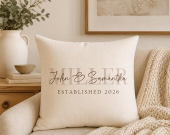 Personalized Family Name Pillow, Custom Last Name Pillow, Established Year Pillow, Wedding Anniversary Gift, Neutral Decor