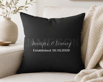 Personalized Couple Pillow, Custom Last Name Pillow, Wedding Date Pillow, Anniversary Gift, Black Decorative Pillow