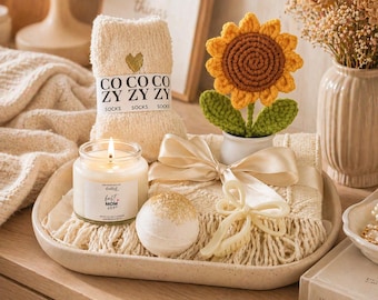 Luxury Mom Gift Box with Throw Blanket | Best Mom Ever Cozy Care Package | Crochet Sunflower | Mother's Day Spa Basket | New Mom Gift Set