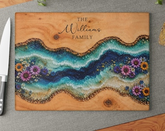 Personalized Glass Cutting Board 9th Anniversary Gift, Wildflower Ocean Charcuterie Board for Couple, Custom Family Name Date