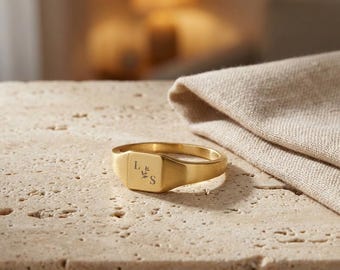 Initials Engraved Square Signet Ring Stainless Steel Gold Tone