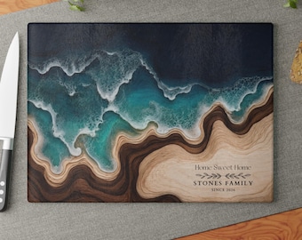 Personalized Epoxy Cutting Board, Glass Ocean Coastal Decor, Custom Family Name Housewarming Gift, Realtor New Home Idea
