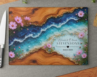 Epoxy Cutting Board Personalized Wedding Gift, Wildflower Ocean Glass Charcuterie Board, Custom Couple Names Date, Anniversary Gift