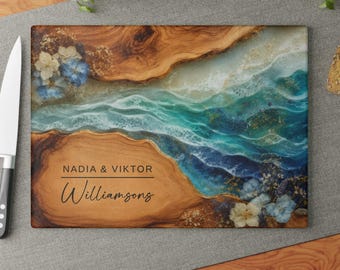 Beach Cutting Board Personalized Wedding Bridal Shower Gift, Wildflower Ocean Glass Board, Custom Couple Names Anniversary Gift