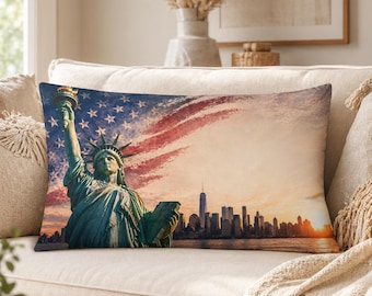Patriotic Statue of Liberty Pillow Cover, New York Skyline Lumbar Pillow, Personalized USA Decor, 20x30 or 20x40