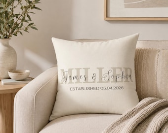 Custom Last Name Pillow, Personalized Couple Pillow, Wedding Date Pillow, Anniversary Gift, Neutral Home Decor