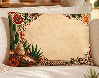 Personalized Mexican Pillow Cover, Southwestern Cactus Sombrero Lumbar Pillowcase, Custom Boho Fiesta Decor, 20x30 20x40 Gift