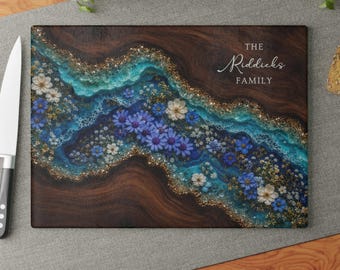 Personalized Charcuterie Board Family Gift, Wildflower Ocean Glass Cheese Board, Housewarming Hostess Gift, Custom Family Name