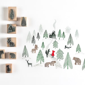 Sellos de goma de Caperucita Roja - Juego de sellos navideños - Sello de oso - Sello de lobo - Sello de alce - Sellos para hacer tarjetas