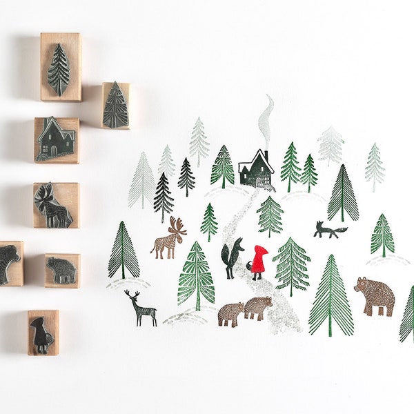 Tampons Le petit chaperon rouge - Set de tampons de Noël - tampon ours - tampon loup - tampon orignal - tampons pour fabrication de cartes