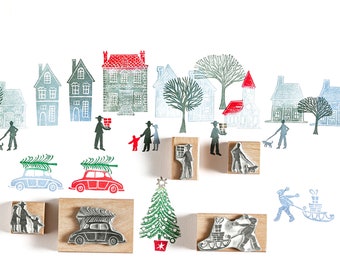 Tiny Town Christmas Rubber Stamps , Christmas Stamps, House Stamps, Craft gift, people stamps