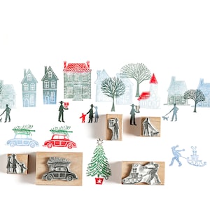 Tiny Town Christmas Rubber Stamps , Christmas Stamps, House Stamps, Craft gift, people stamps