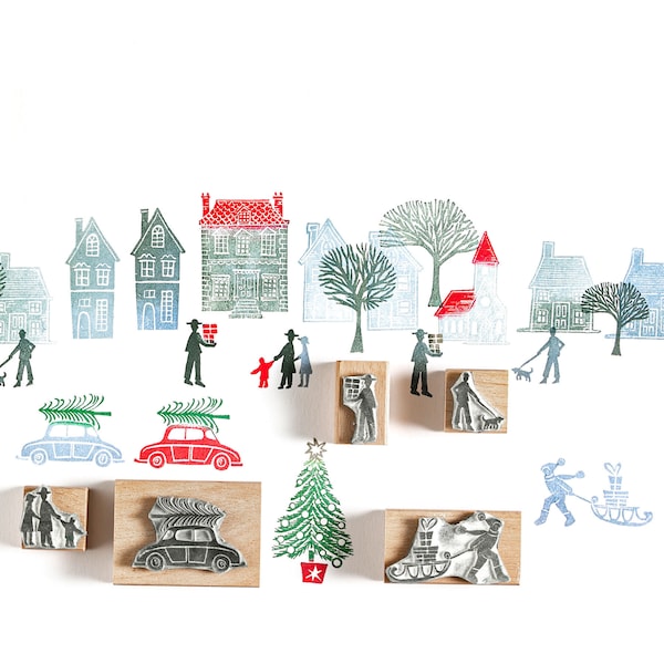 Tiny Town Christmas Rubber Stamps , Christmas Stamps, House Stamps, Craft gift, people stamps