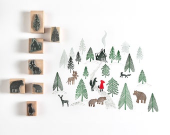 Rotkäppchen Stempel - Weihnachten Stempel Set - Stempel Bär - Stempel Wolf - Stempel zum Kartenbasteln