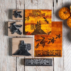 Tampons d'Halloween pour la fabrication de cartes, créations en papier d'Halloween, cadeau d'Halloween, tampon citrouille, tampon sorcière, tampon chauve-souris, tampon maison hantée