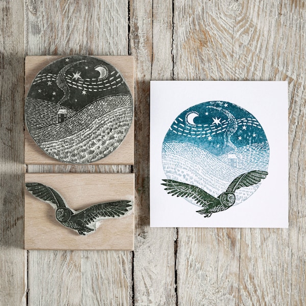 Flying Owl Rubber Stamp, Snowy Landscape Rubber Stamp, Christmas Stamp, stamps for Christmas card making