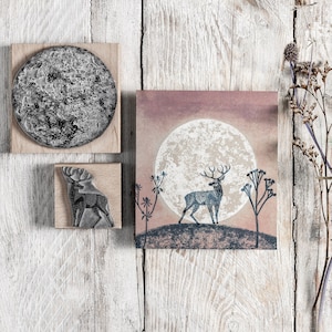 Tampons en caoutchouc cerf et pleine lune | Tampons d'herbes sauvages | Tampon artisanal | Cadeau artisanal | Timbres de journalisation | Tampon artistique