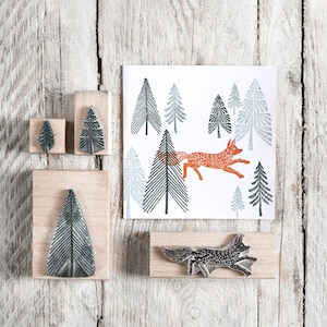 Fox and Fir Tree Rubber Stamps, Fox Stamp, Tree Stamp, Christmas Rubber Stamps, Craft gift, stamps for card making