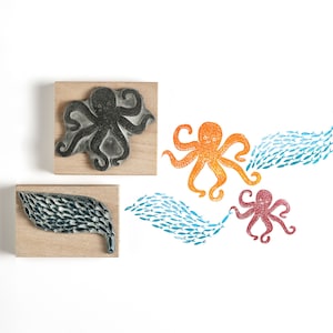 Tintenfisch und Fischschwarm Stempel - Stempelgummi zum Kartenmachen - Geschenk zum Basteln - Meer