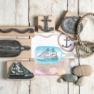Ship in a Bottle-stempels, stempels met zeethema, ambachtelijk cadeau