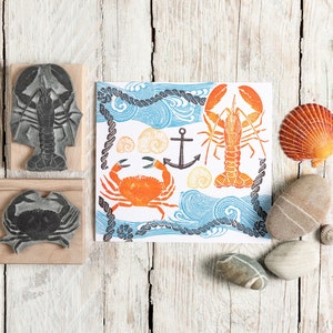 Rubberstempels kreeft en krab, zeestempels om kaarten te maken, Cornish cadeau