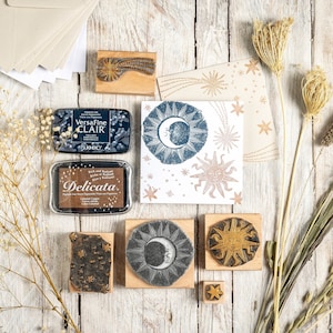 Sun and Moon ambachtelijke stempelset, Celestial-cadeauset, geschenkdoos voor het maken van kaarten, Sun and Moon houten stempels met stempelkussens cadeauset.