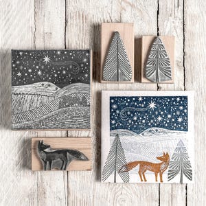 Starlit Winter Sky Landscape Rubber Stamp, Christmas Stamp, Fox Stamp