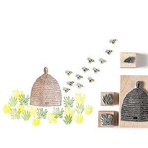 Bijenkorf en kleine bijenstempels, bijenkorfstempel, bijenstempel, noolibird-postzegels, houten stempel, kunststempel, natuurstempel, imkersstempel