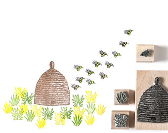 Bee Hive and Tiny Bee Rubber Stamps, Beehive Stamp, Bee Stamp, noolibird stamps, Wooden Stamp, Art Stamp, nature stamp, beekeepers stamp