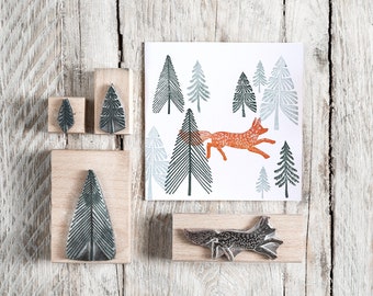 Timbri di gomma di volpe e abete, timbro di volpe, timbro di albero, timbri di gomma di Natale, regalo artigianale, francobolli per la creazione di carte