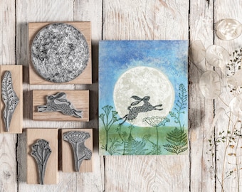 Full Moon Stamp with Leaping Hare and Meadow Flower Silhouette Stamps for card making, Journal Stamps, Craft gift