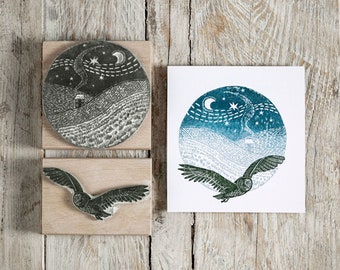 Flying Owl Rubber Stamp, Snowy Landscape Rubber Stamp, Christmas Stamp, stamps for Christmas card making