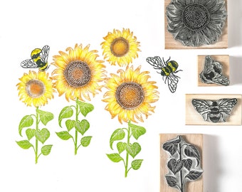 Sunflower and Bee Rubber Stamps, sunflower stamp, bee stamp, flower stamp, Noolibirdstamps, Wooden Stamp, Art Stamp,