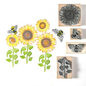 Sellos de goma de girasol y abeja, sello de girasol, sello de abeja, sello de flor, Noolibirdstamps, sello de madera, sello de arte,