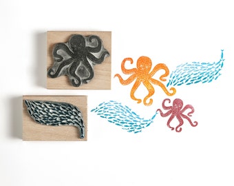 Octopus and Shoal of Fish Stamps - rubber stamps for card making - craft gift - seaside stamps