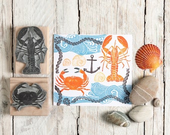 Lobster and Cornish Crab Rubber Stamps, sea stamps for card making, Cornish gift