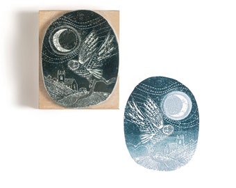 Night Owl Christmas Rubber Stamp, Owl in the Landscape Rubber Stamp, Christmas Stamp