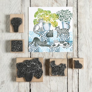Cat Rubber Stamps, House Plants, Tile Pattern Stamps for card making, gift for cat lover image 5