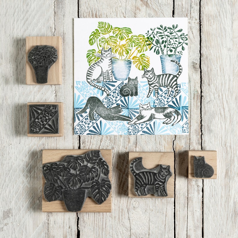 Cat Rubber Stamps, House Plants, Tile Pattern Stamps for card making, gift for cat lover image 5